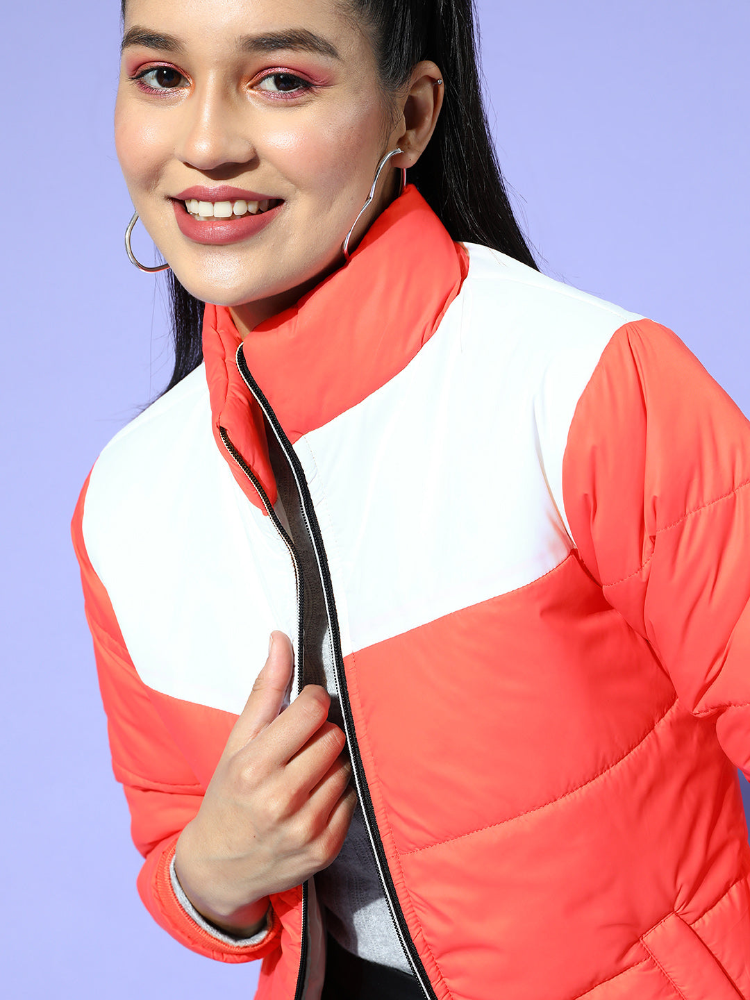 Coral & White Color Block Quilted Puffer Jacket -SASSAFRAS