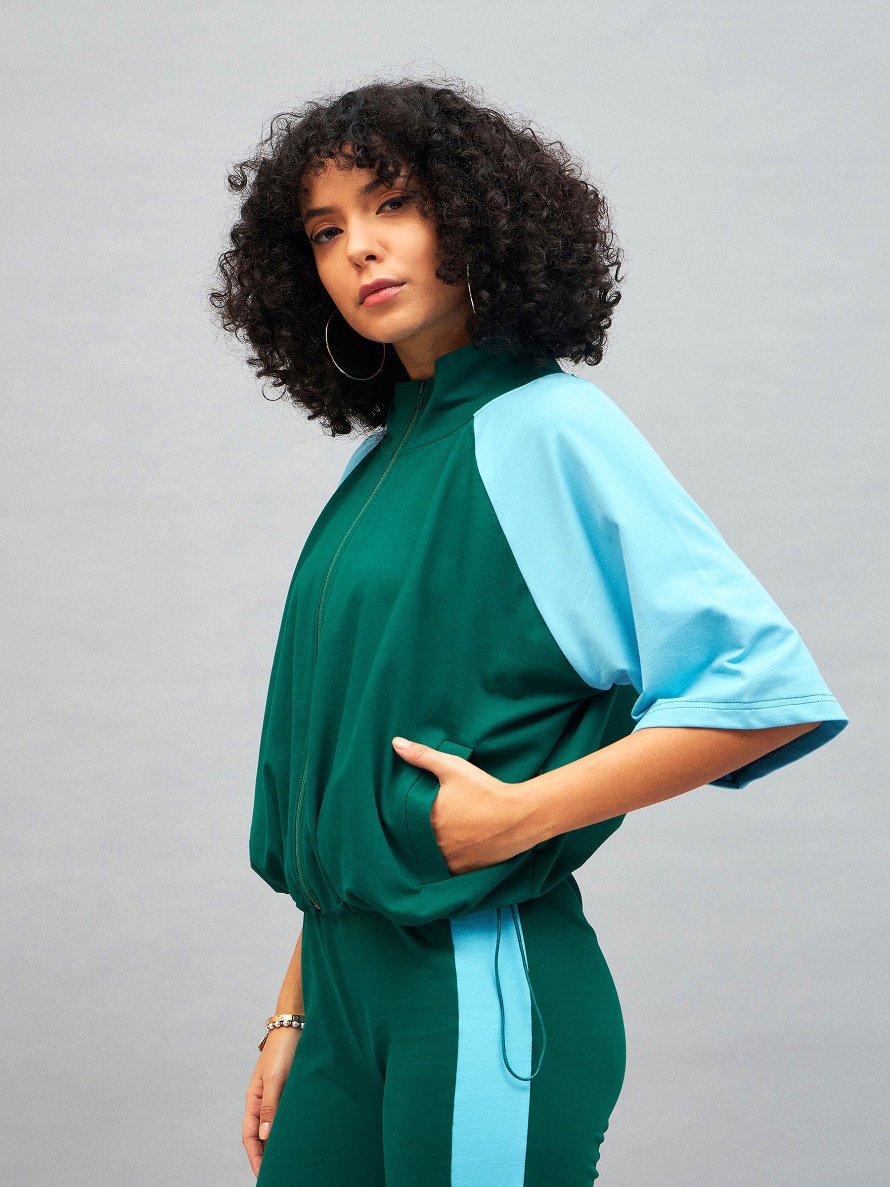 Green Knitted Color Block Jacket-SASSAFRAS