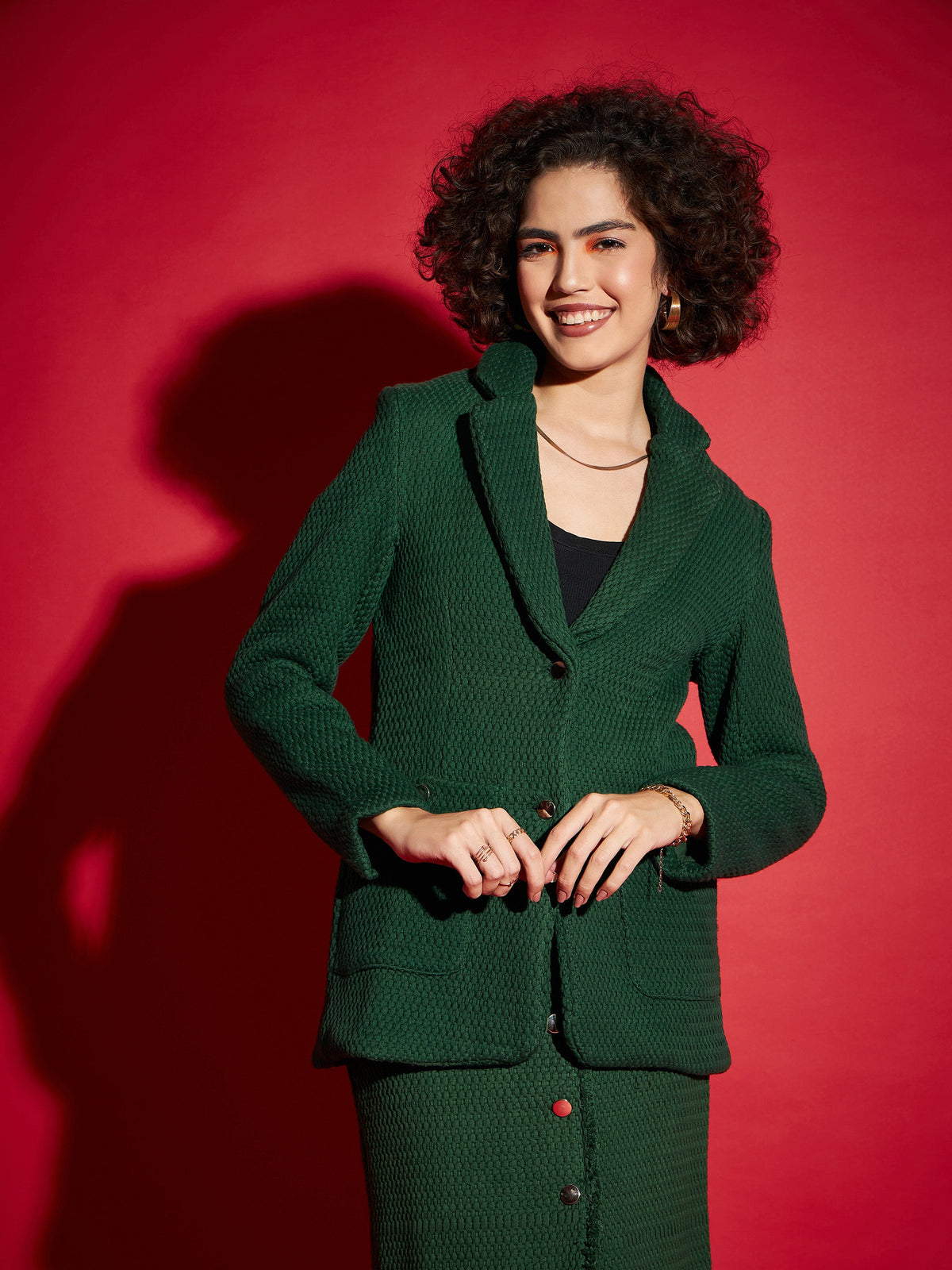Green Tweed Notch Collar Blazer-SASSAFRAS