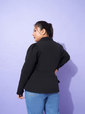 Black Fleece Button Peplum Jacket-SASSAFRAS Curve