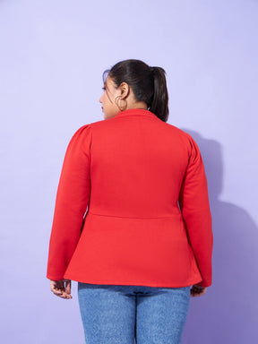 Red Fleece Button Peplum Jacket-SASSAFRAS Curve
