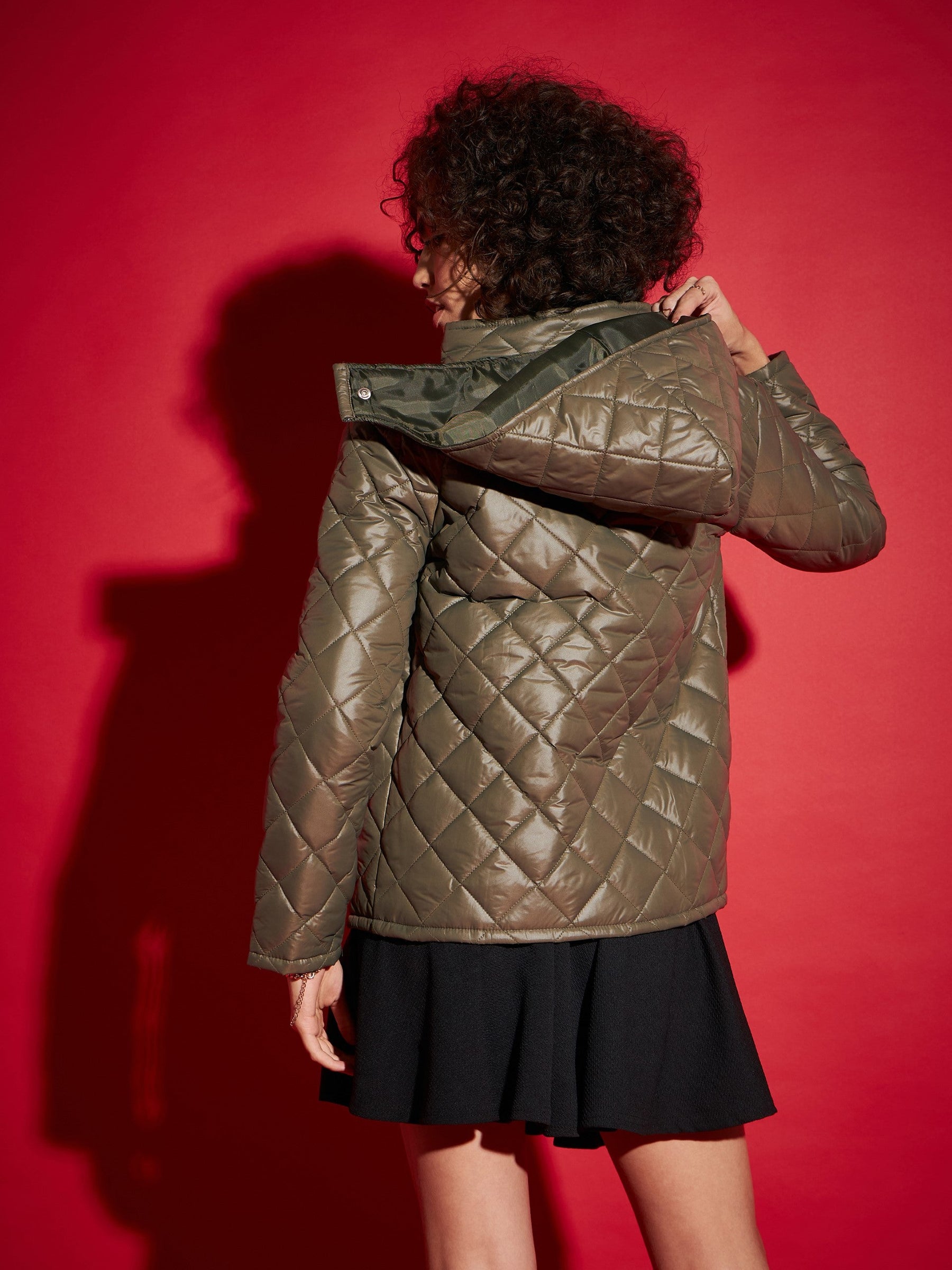 Olive Diamond Quilted Hooded Puffer Jacket-SASSAFRAS