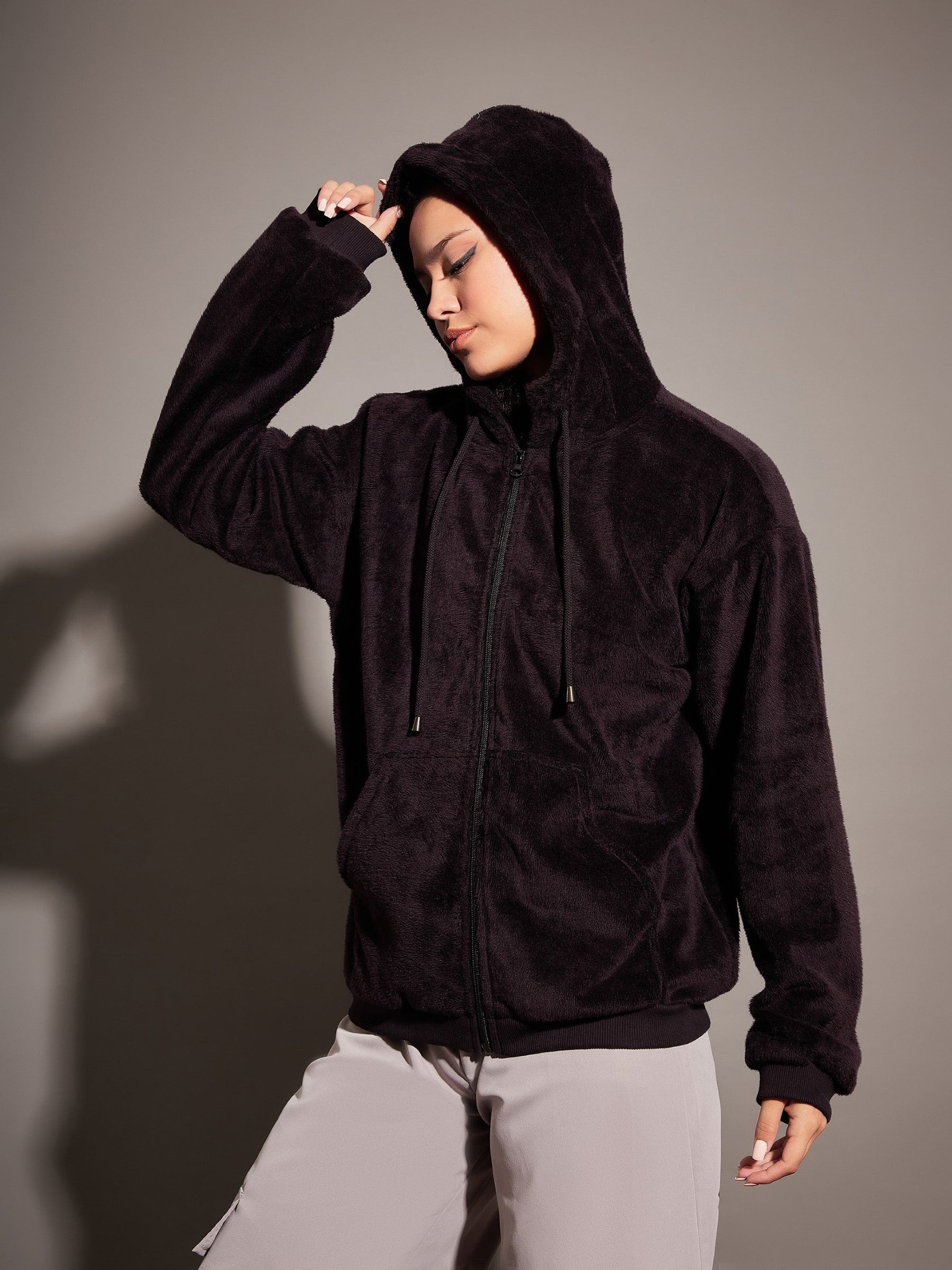 Black Fur Hooded Jacket-SASSAFRAS
