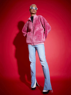 Pink Fur Front Zipper High Neck Jacket-SASSAFRAS