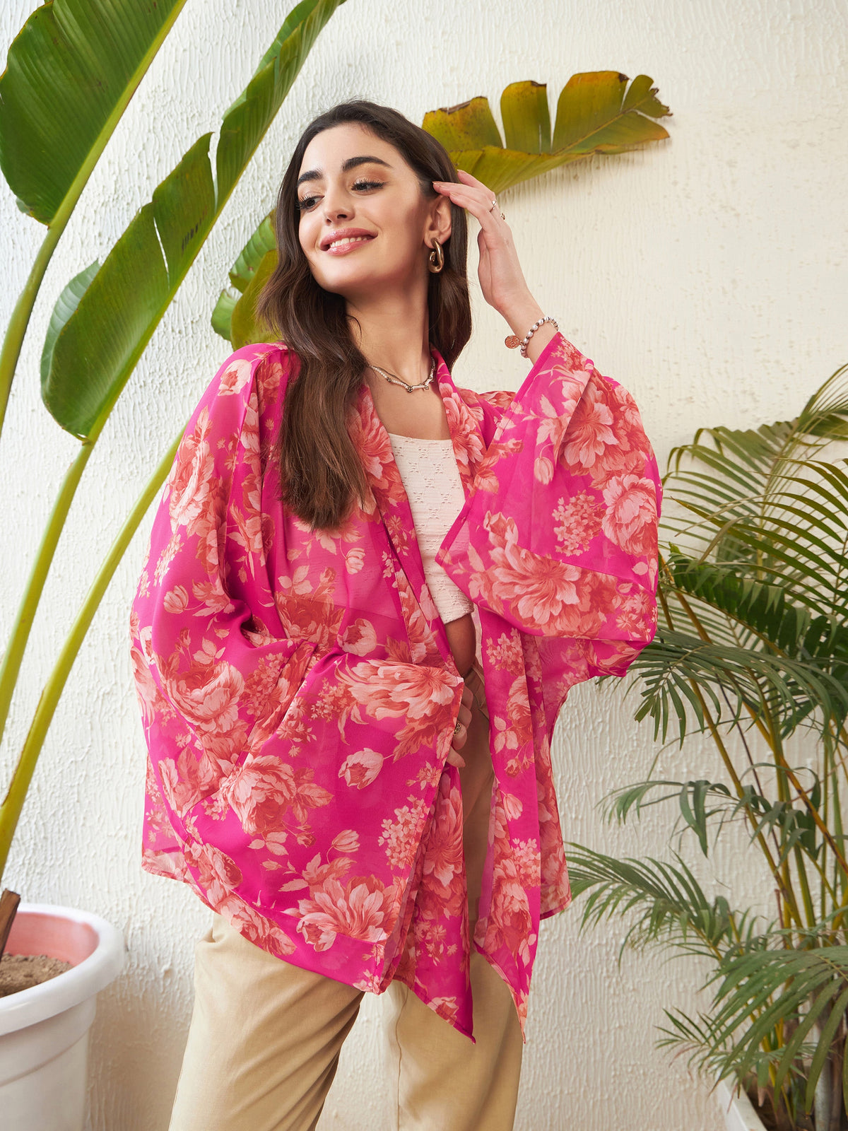 Pink Floral Front Open Kimono Shrug-SASSAFRAS