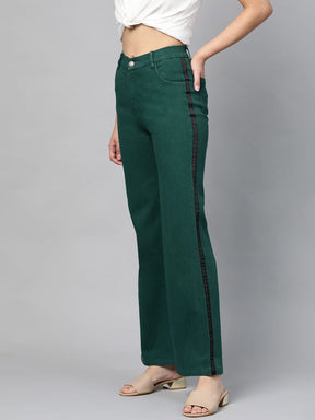 Emerald Green Side Tape Bell Bottom Jeans-Pants-SASSAFRAS