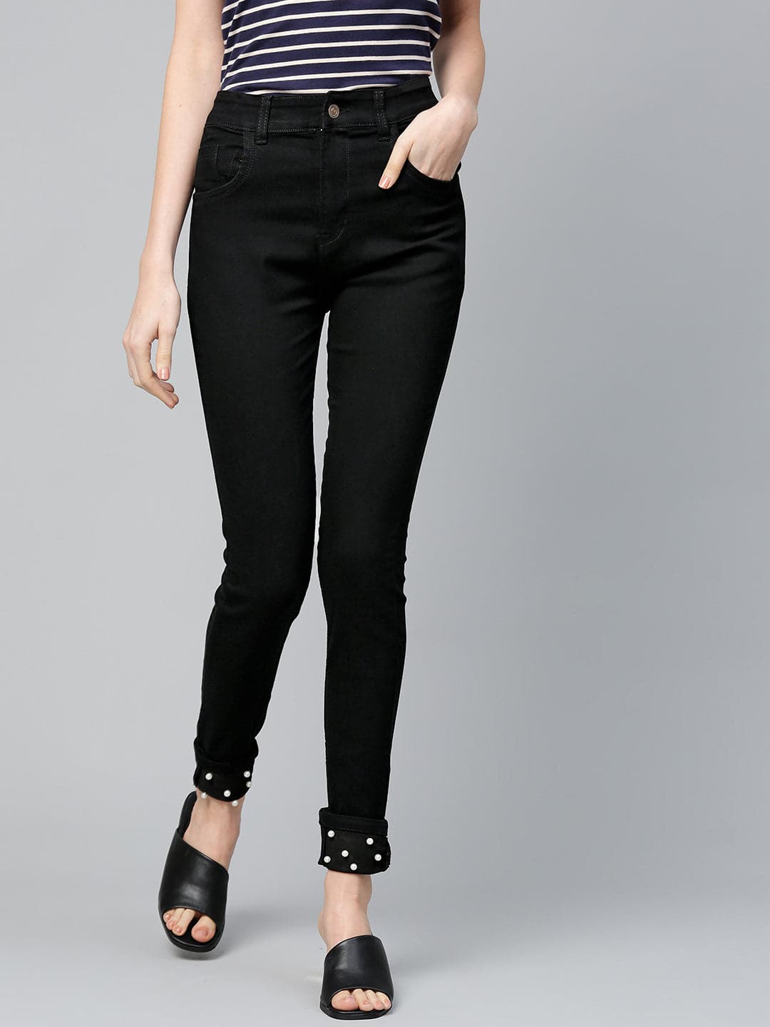 Black Pearl Studded Hem Jeans-Jeans-SASSAFRAS