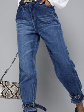 Blue Ring Detail High Waisted Jeans-Jeans-SASSAFRAS