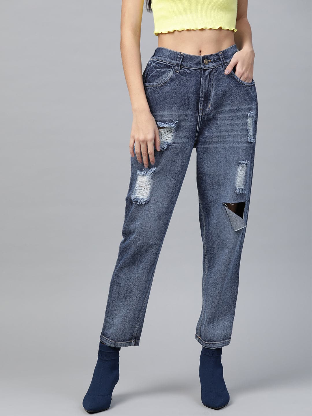Blue High Rise Ripped Jeans-Jeans-SASSAFRAS