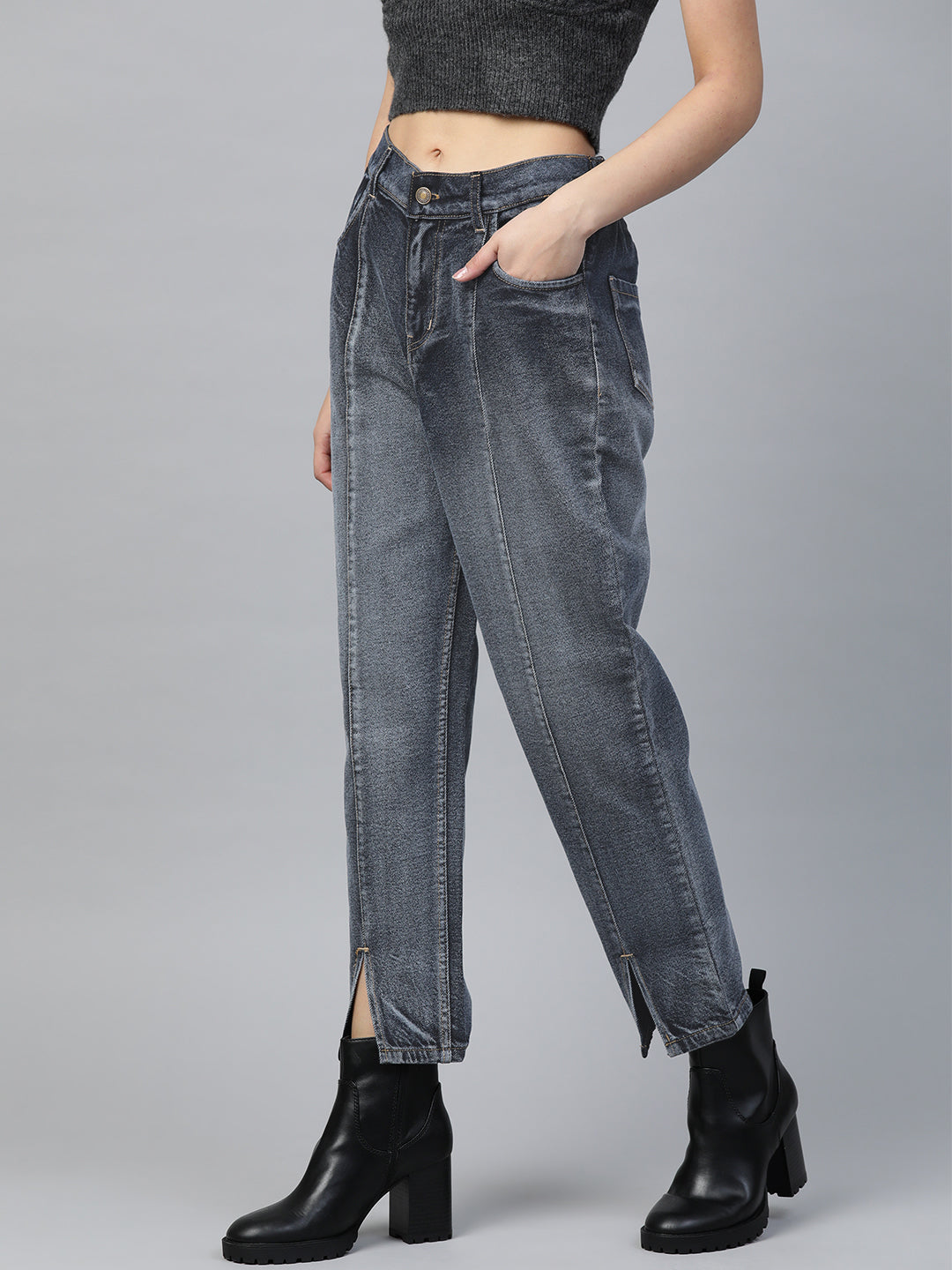 Navy Washed High Waist Front Slit Jeans