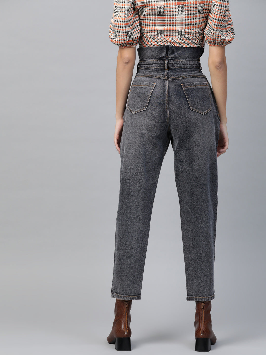 Navy Washed Paper Bag Waist Jeans