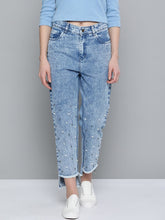 Blue High Low Pearl Detail Mom Jeans-Jeans-SASSAFRAS