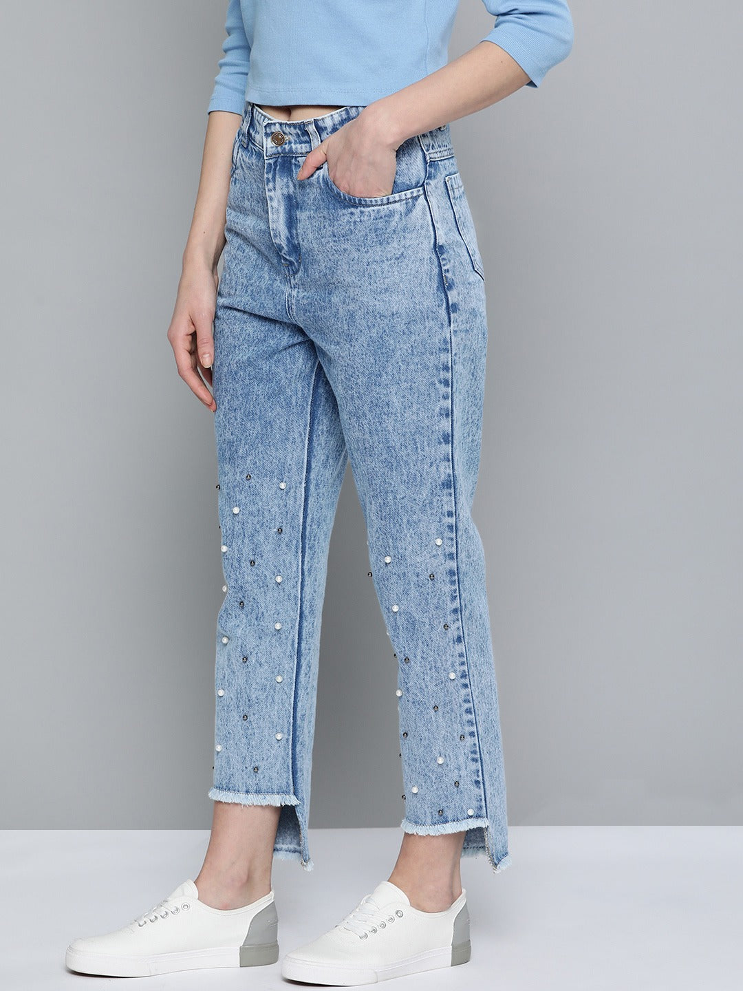 Blue High Low Pearl Detail Mom Jeans