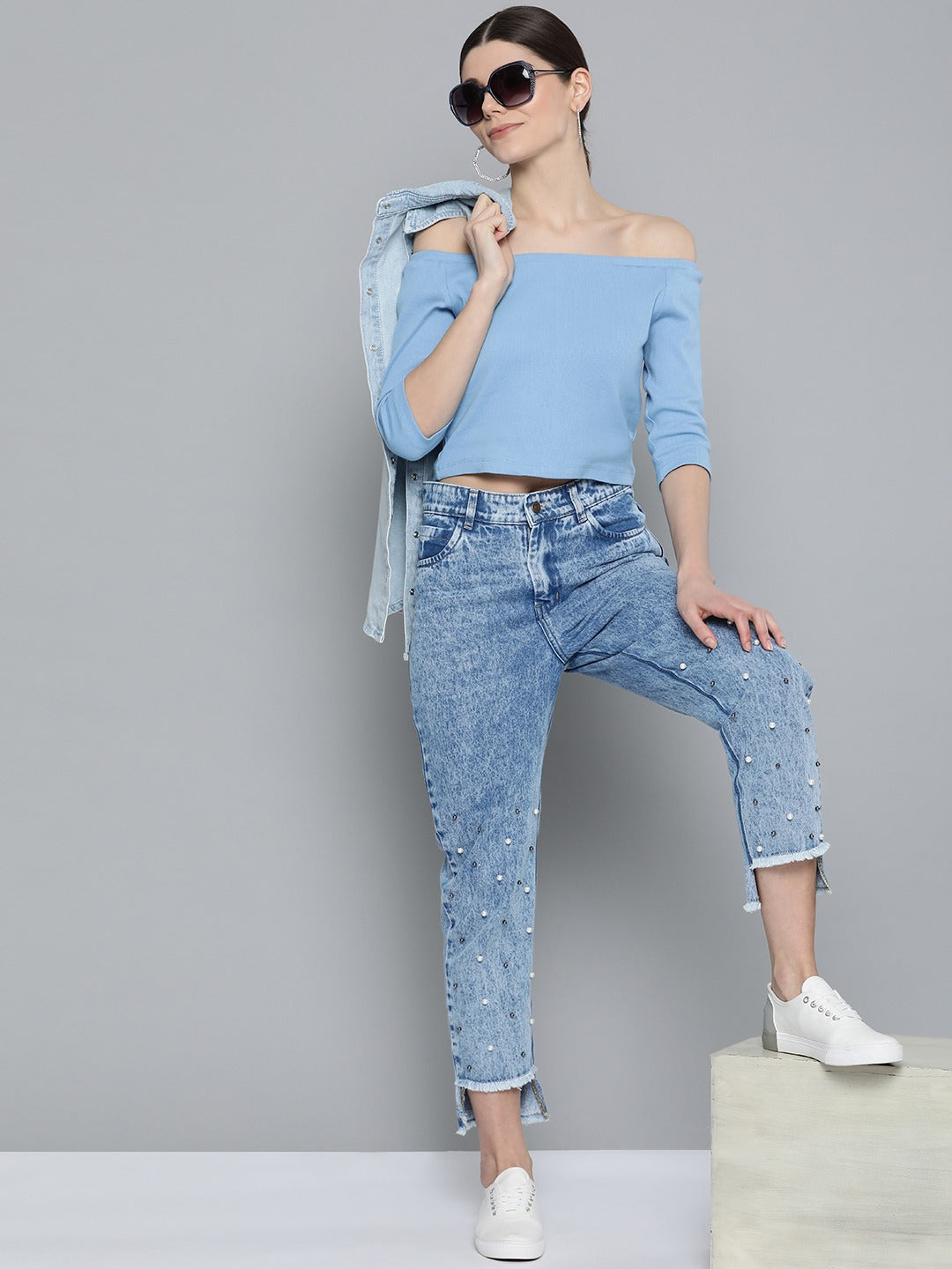 Blue High Low Pearl Detail Mom Jeans