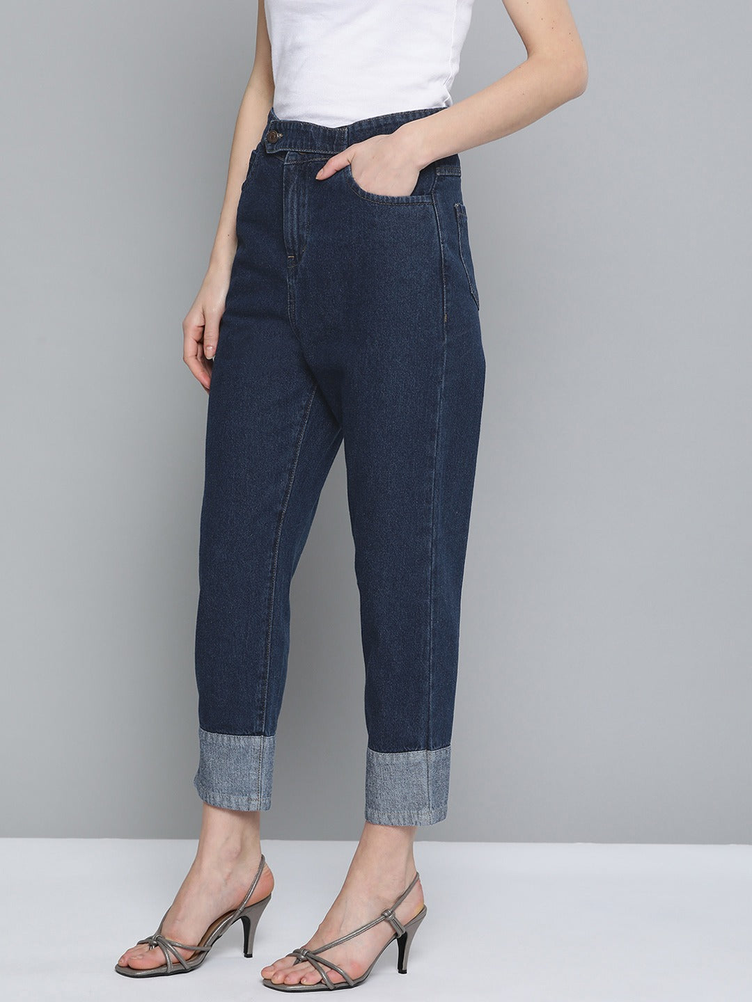 Navy Contrast Detail At Hem Slouchy Jeans