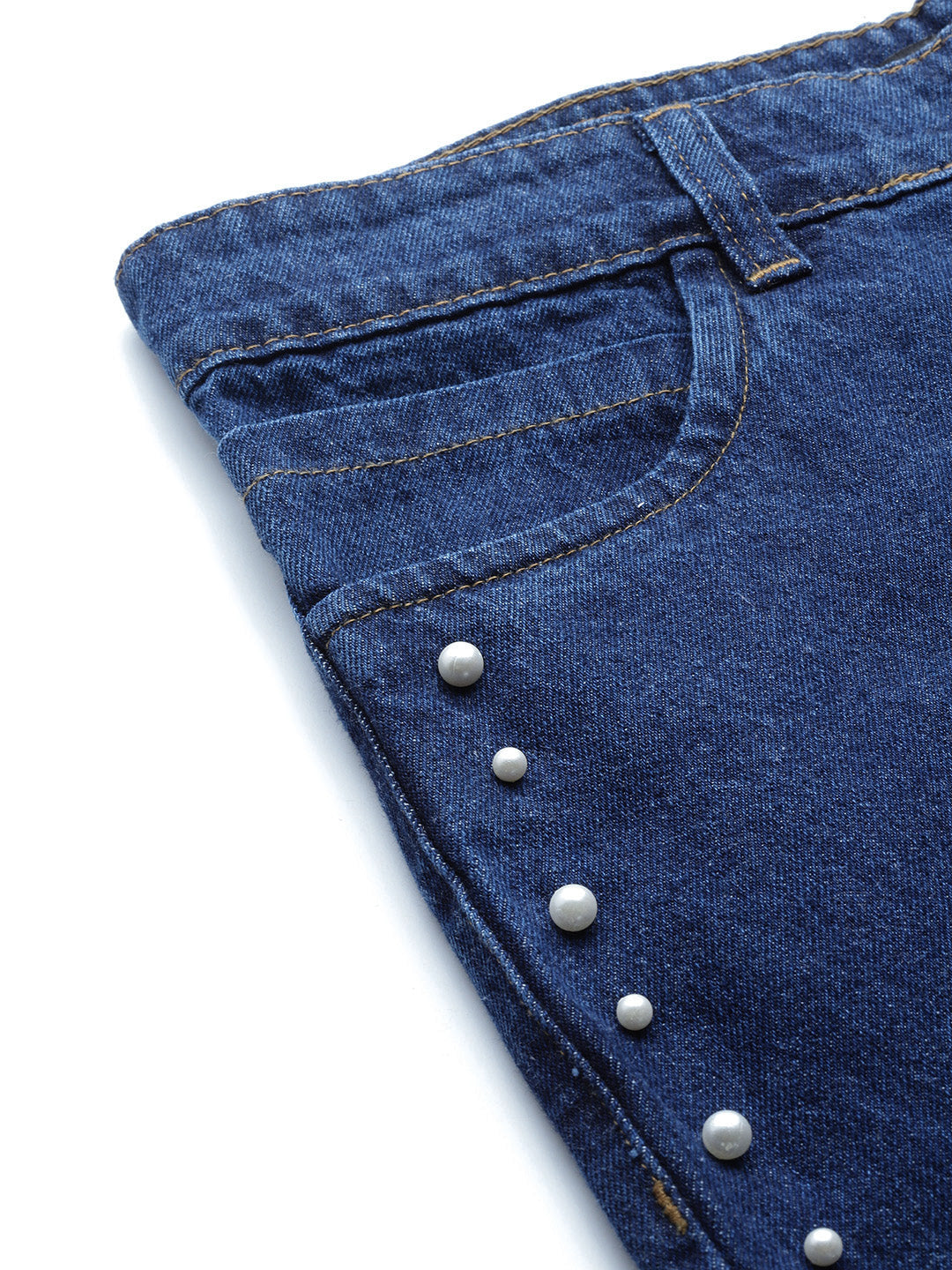 Navy Side Pearl Detail Slouchy Jeans