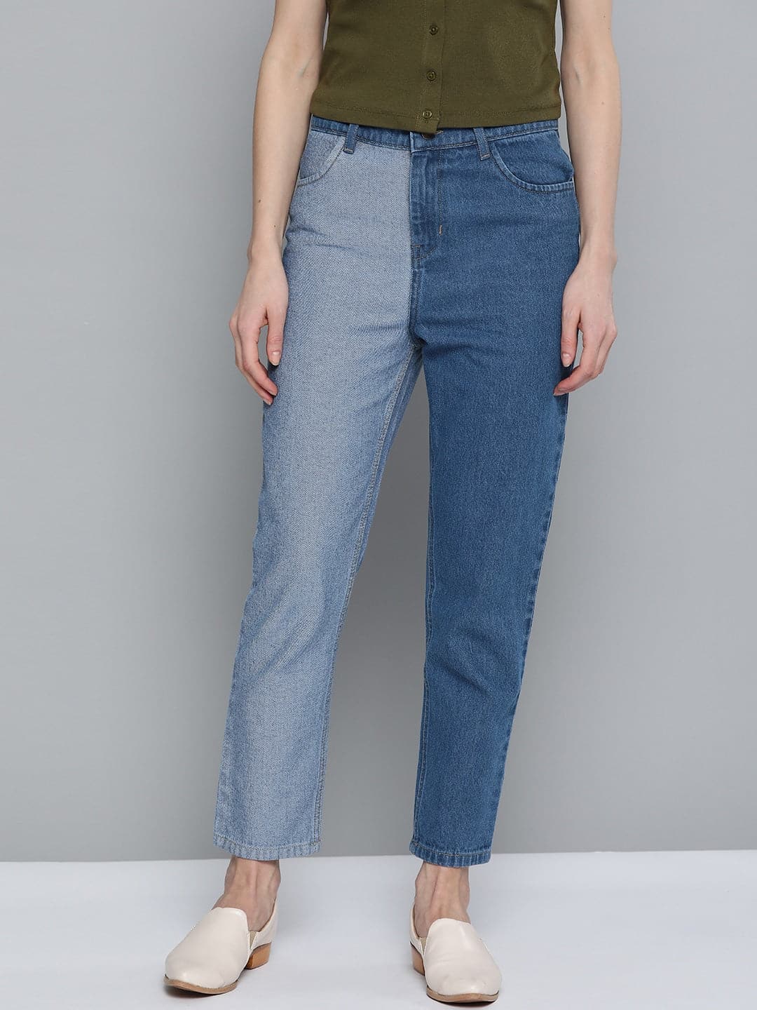 Blue & Navy Color Block Slouchy Jeans-Jeans-SASSAFRAS