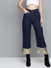 Blue Gold Foil Roll Up Detail Straight Jeans-Jeans-SASSAFRAS
