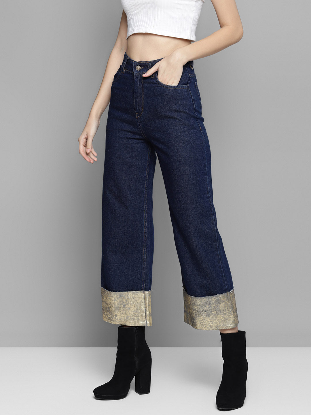 Blue Gold Foil Roll Up Detail Straight Jeans