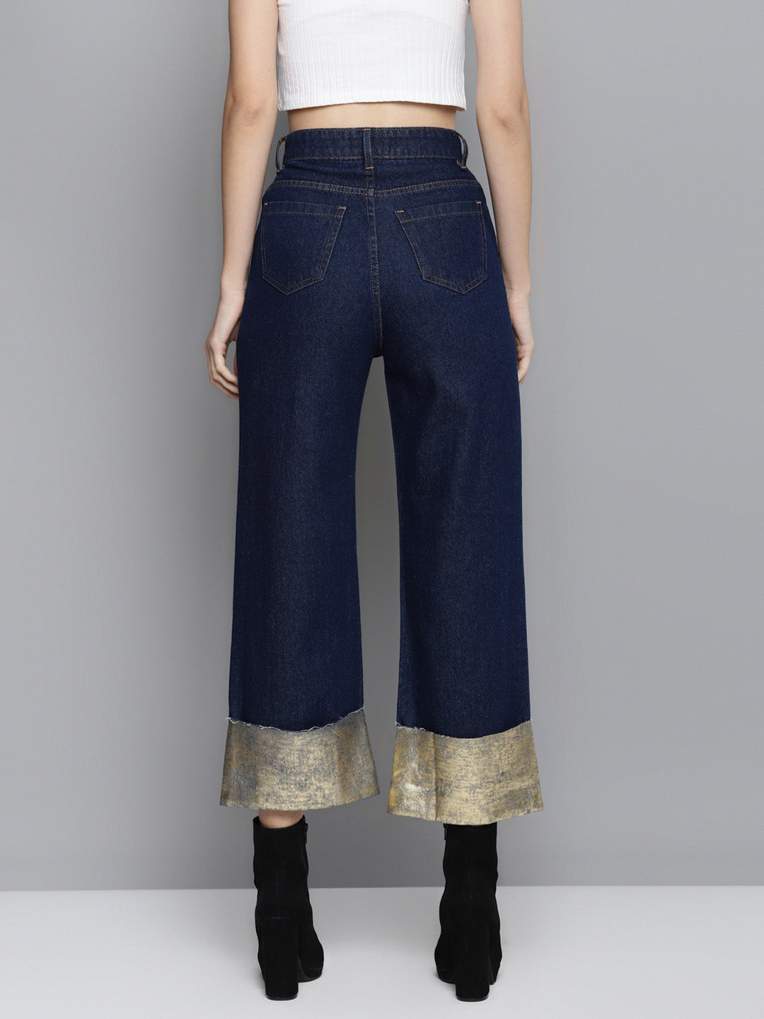 Blue Gold Foil Roll Up Detail Straight Jeans