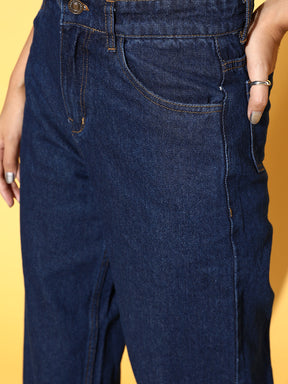 Women Blue Gold Foil Roll Up Detail Straight Jeans