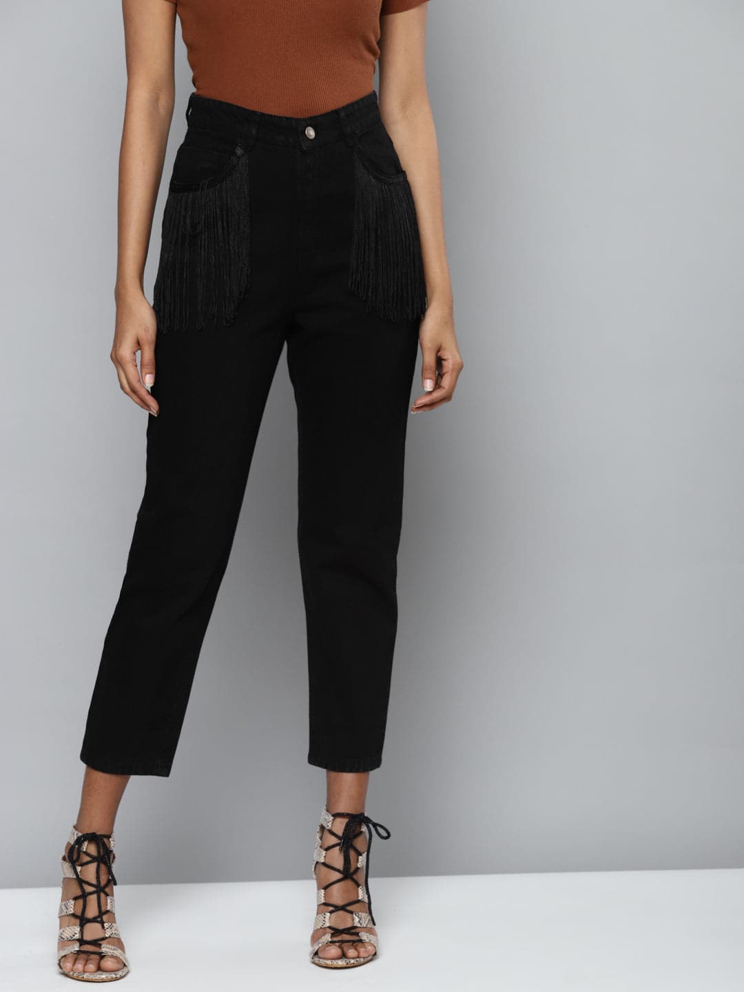 Black Denim Pocket Fringe Lace Mom Jeans-Jeans-SASSAFRAS