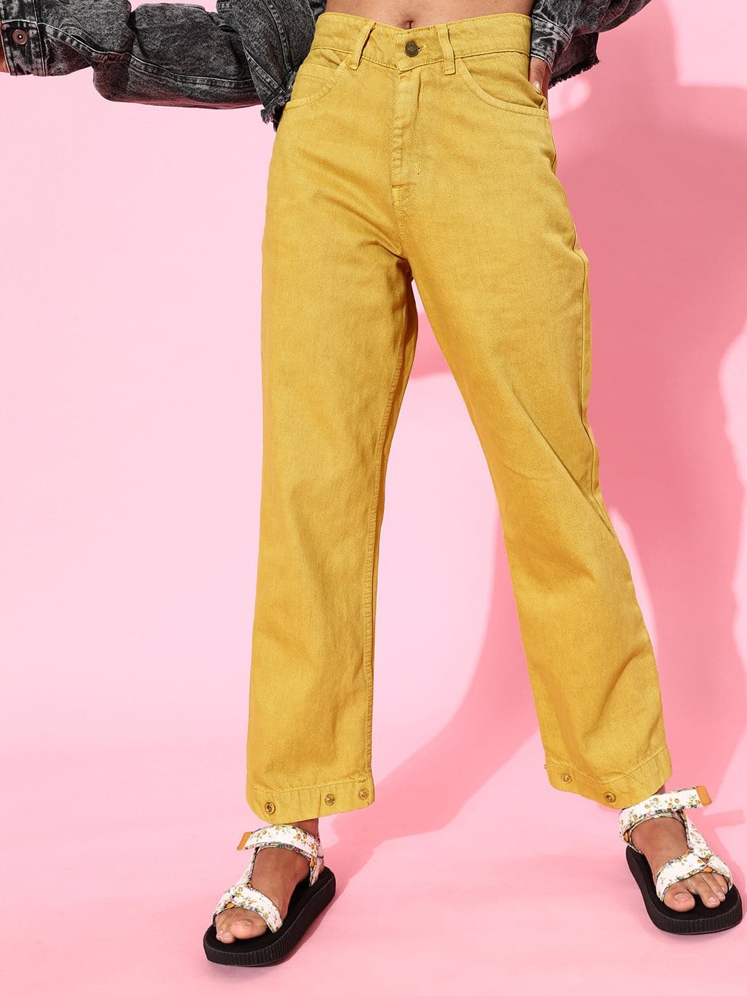 Mustard Button-Hem Slouchy Jeans-Jeans-SASSAFRAS