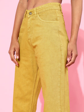 Mustard Button-Hem Slouchy Jeans