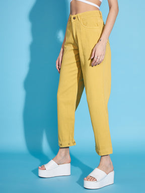 Mustard Button-Hem Slouchy Jeans -SASSAFRAS