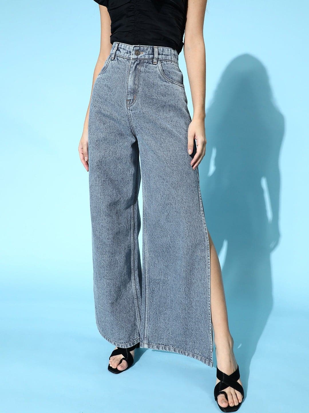 Blue Side Slit Straight Jeans-Jeans-SASSAFRAS
