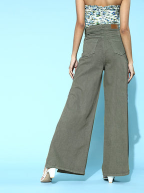 Olive Side Chain Slit Jeans