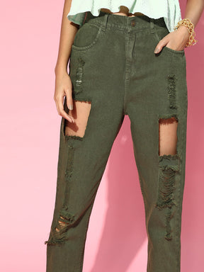 Women Olive Green Heavy Distressed Jeans