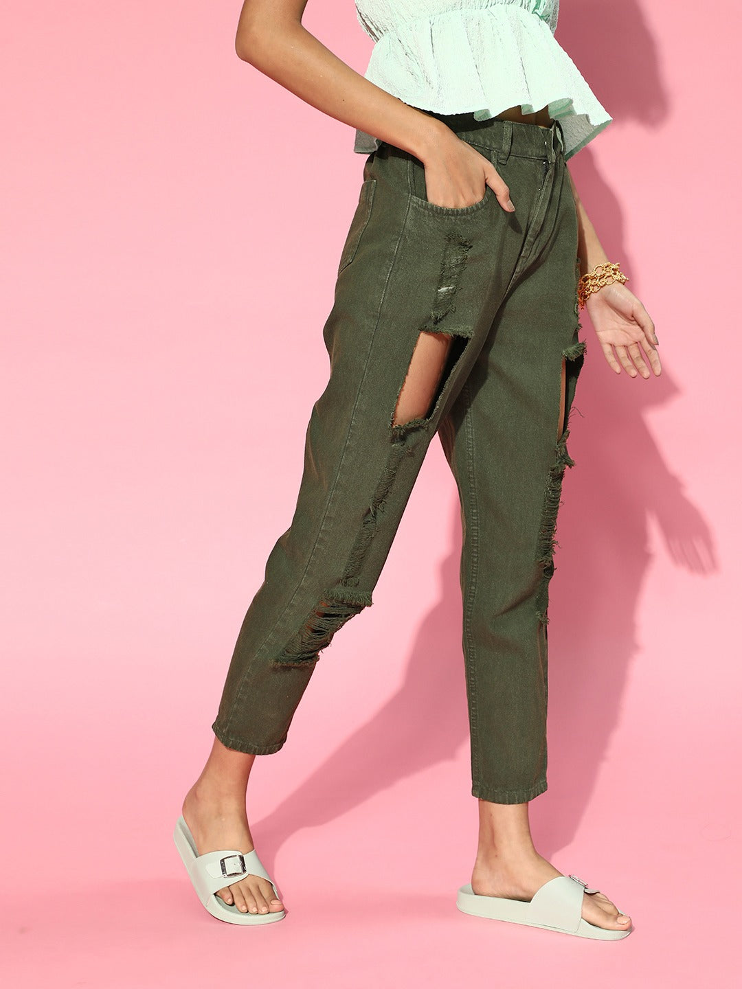 Women Olive Green Heavy Distressed Jeans