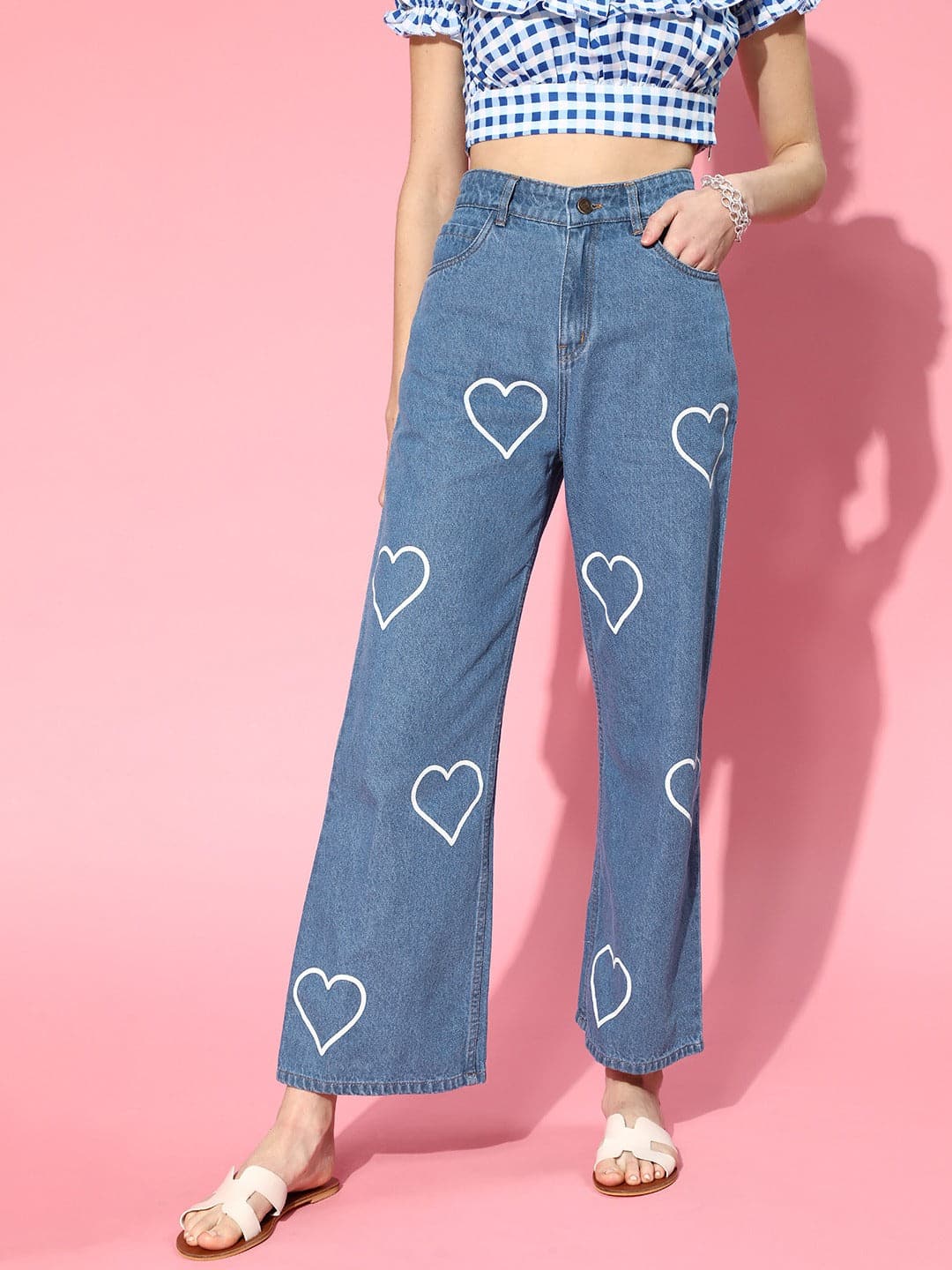Women Blue Heart Print Wide Leg Jeans-Jeans-SASSAFRAS