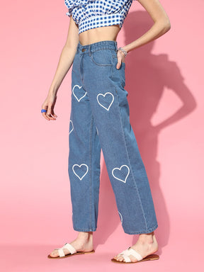 Women Blue Heart Print Wide Leg Jeans