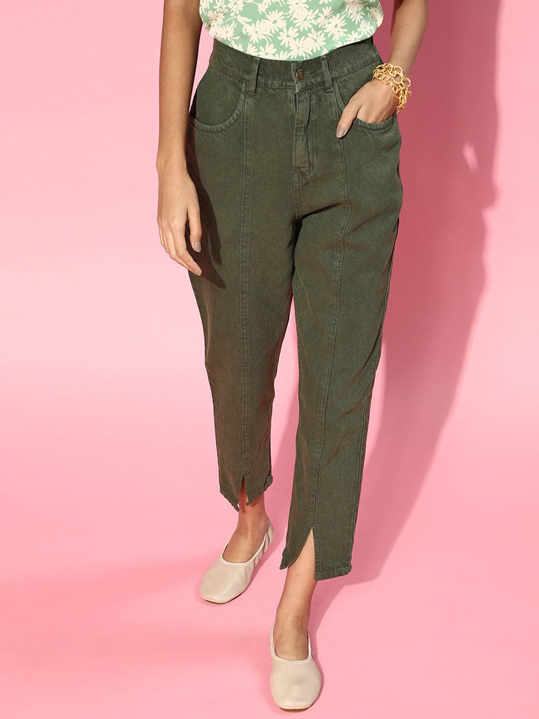Women Olive Green Front Slit Jeans-Jeans-SASSAFRAS