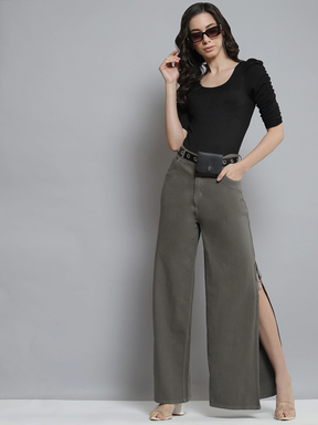 Women Grey Side Chain Slit Jeans-Jeans-SASSAFRAS