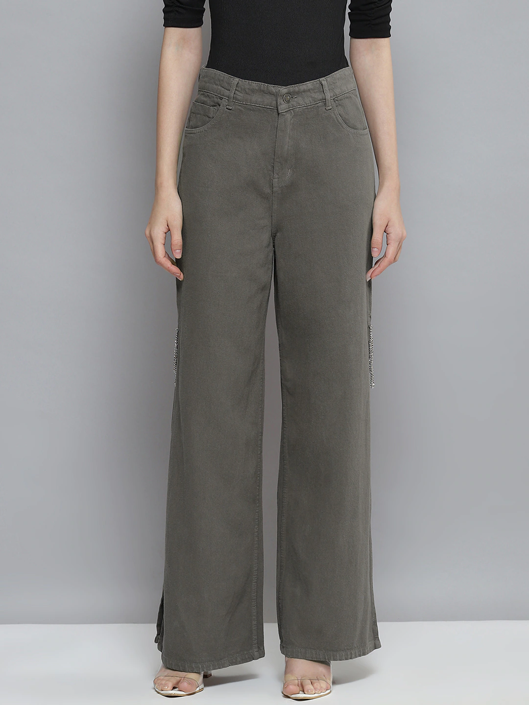 Women Grey Side Chain Slit Jeans
