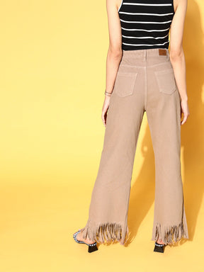 Women Taupe Fringed Bottom Jeans