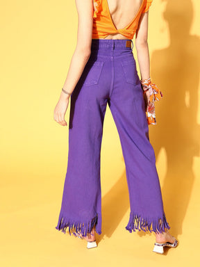 Women Purple Fringed Bottom Jeans