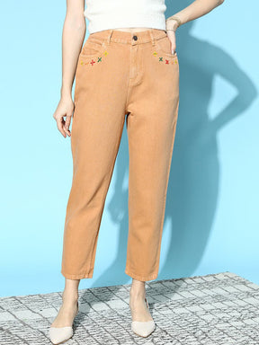 Women Khaki Embroidered Pocket Jeans-Jeans-SASSAFRAS
