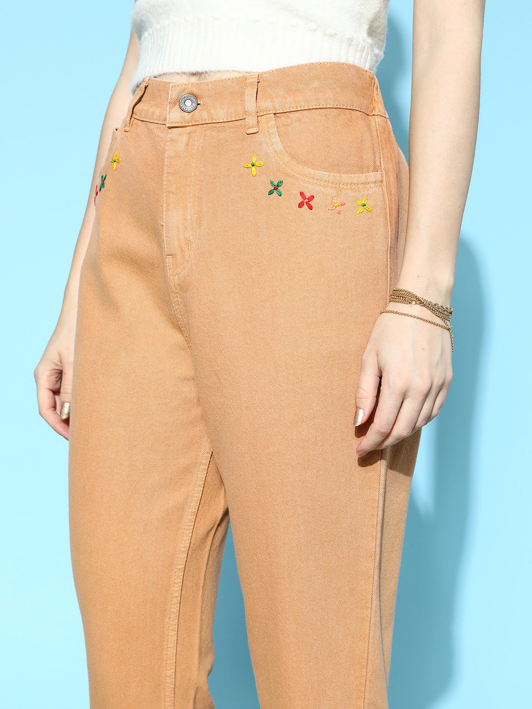 Women Khaki Embroidered Pocket Jeans
