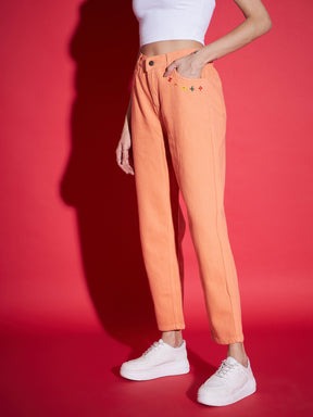 Peach Front Pocket Embroidered Jeans-SASSAFRAS