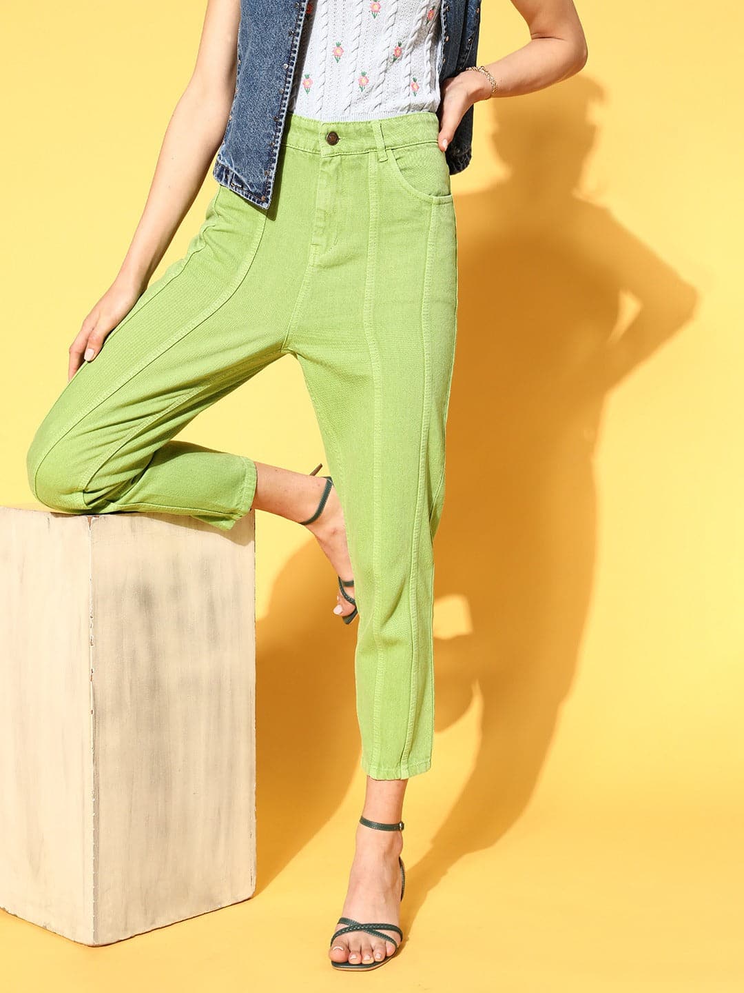 Women Neon Green Carrot Fit Pastel Jeans-Jeans-SASSAFRAS