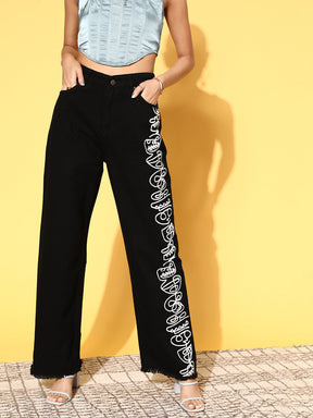 Women Black Line-Art Print Straight Jeans