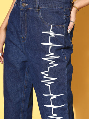 Women Blue Heart-Beat Print Jeans