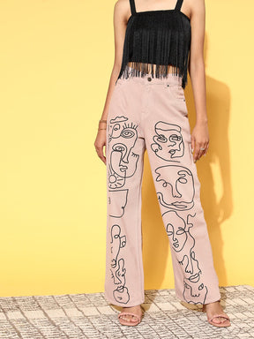 Women Nude Line-Art Print Straight Jeans-Jeans-SASSAFRAS