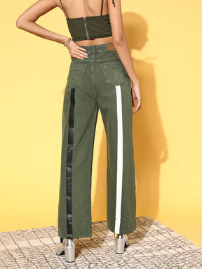 Women Olive Stripe Print Jeans-Jeans-SASSAFRAS