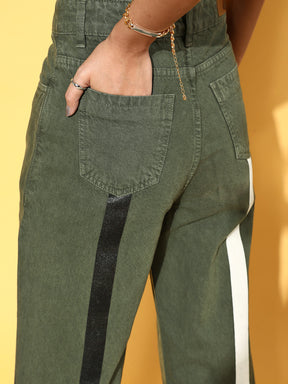 Women Olive Stripe Print Jeans