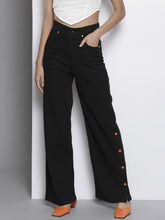 Black Side Button Placket Stretch Straight Jeans -SASSAFRAS
